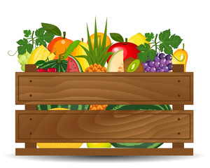 Fresh fruits in a box illustration. Healthy fruits and vegetarian food banners. Fresh organic food, healthy eating