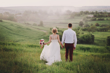 Young beautiful wedding couple hugging in a field back to camera. Lovely couple, bride and groom posing in field during sunset, lifestyle