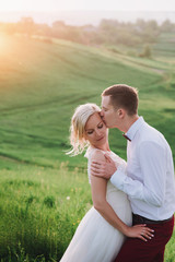 Young beautiful wedding couple hugging in a field. Lovely couple, bride and groom posing in field during sunset, lifestyle