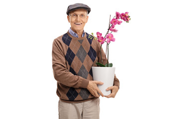 Senior with an orchid flower in a pot