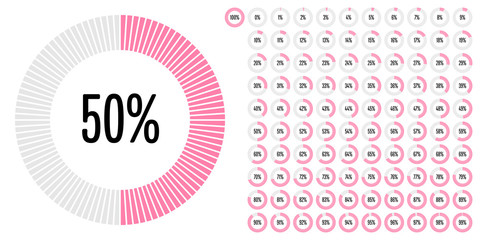 Set of circle percentage diagrams from 0 to 100 ready-to-use for web design, user interface (UI) or infographic - indicator with pink