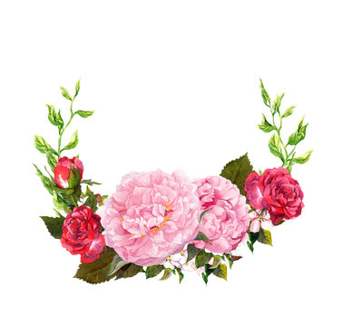 Floral wreath with pink peony flowers, red roses. Save date card for wedding. Watercolor