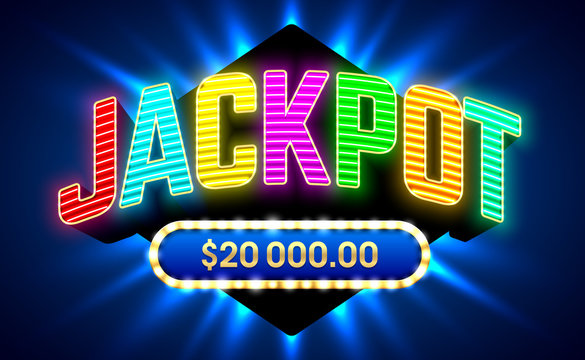 Jackpot gambling game bright banner with winning. Neon glow inscription.