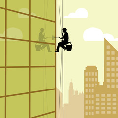 Skyscraper Window Cleaner Represents Offices Cityscape 3d Illustration