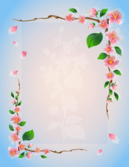 Floral frame of delicate spring flowers on a blue background