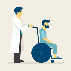 Doctor and patient on wheel chair. Medical flat style illustration