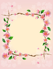 Floral frame of delicate spring flowers on a pink background