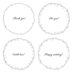 Mimosa flower hand drawn vector illustration isolated on white background, round frame, floral wreath, ink doodle sketch, black line art for design greeting card, wedding invite, packaging cosmetics