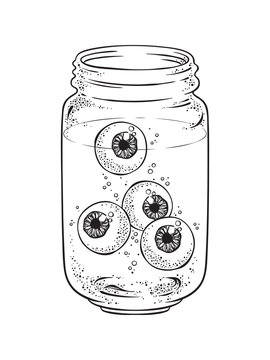 Naklejki Human eyeballs in glass jar isolated. Sticker, print or blackwork tattoo hand drawn vector illustration