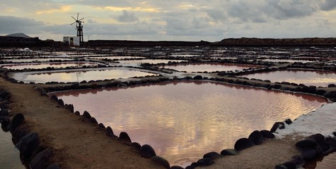Salines of Tenefe at dawn, panoramic image, coast of Gran canaria, Canary islands