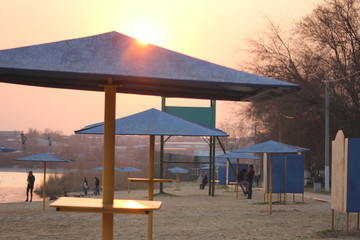 spring river beach at sunset