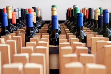 Rack of bottles of wine with blank label