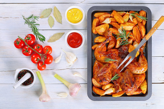 golden crispy grilled chicken tabaka, top view