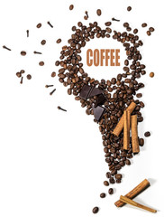 Freshly Cup of Coffee with coffee beans, cinnamon, chocolate, cloves in form of drop, closeup, white background, free space for text