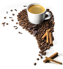 Freshly Cup of Coffee with coffee beans, cinnamon, chocolate, cloves in form of drop, closeup, white background, free space for text