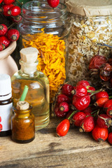 Medicinal plants and herbs composition: Dog rose, bunch branch Rosehips, types Rosa canina hips, essential oil. bunch, Tea with rosehip, Tansy, Anise, dried flowers of linden and chamomile - pharmacy 