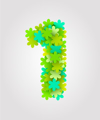 Floral numbers. Green flowers. Vector illustration. Number 1