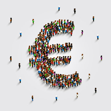 People stand in the shape of a euro money symbol. Vector illustration