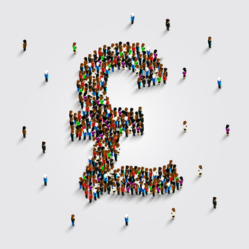 People stand in the shape of a pound money symbol. Vector illustration