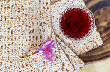 Traditional food and drinks for celebration of Jewish Passover (Pesah) holiday, conceptual image...