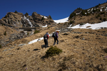 Fototapeta premium Family of hikers in the mountains