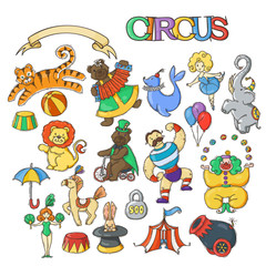 Obraz na płótnie Canvas Circus cartoon icons collection with chapiteau tent and trained wild animals.