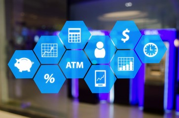 finance icon and hexagon shaped pattern background, financial, technology and business concept  with abstract blurred background of ATM Machine for withdraw or deposit cash money, color tone effect.