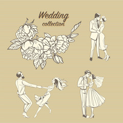 Set of wedding illustrations of a hand-drawn floral pattern and cute couples in retro style. 
