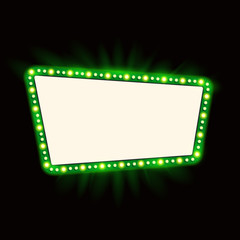 Retro Showtime 1950s Sign Design. Neon Lamps billboard on dark background. American advertisement, vector illustration. Cinema and theater Signage Light Bulbs Frame for Sale flyers