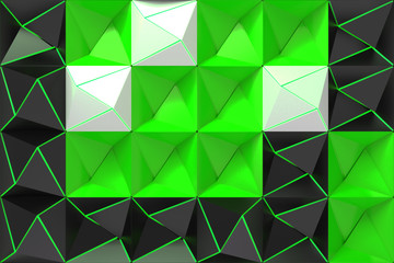 Pattern of black, white and green pyramid shapes