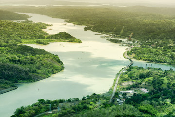 Aerial view of Panama Canal on the Atlantic side - obrazy, fototapety, plakaty