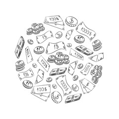 Hand Drawn Banknotes and  Coins. Doodle Drawings of Cash Arranged in a Circle. Sketch Style. Vector Illustration.