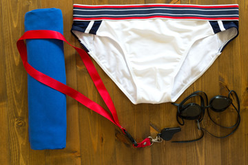 Set for swimming for a trainer on the table