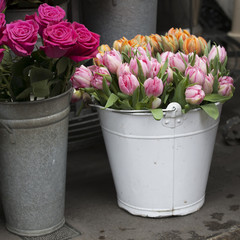 the White bucket with a bouquet of pink and orange tulips and a vase with red roses as a decoration for the entrance of the house