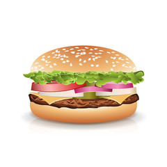 Fast Food Realistic Popular Burger Vector. Photo Realistic Illustration Of The Double Cheeseburger Isolated On White Background.