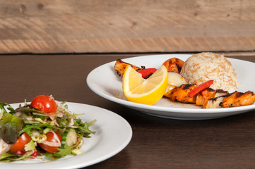 Grilled meat dish of shish kebab with onion