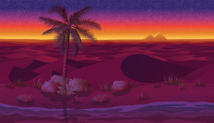 Obraz premium Horizontal seamless background with desert, palms and dry grass.