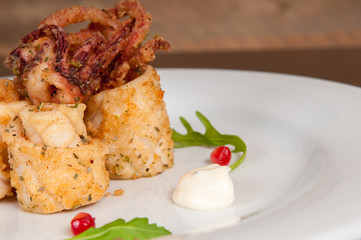 Calamari freshly prepared seafood on a white plate