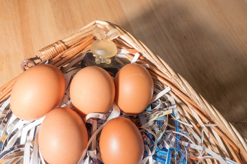 The chicken egg and rabbit in the basket. Easter time, Happy time. Jesus rise again