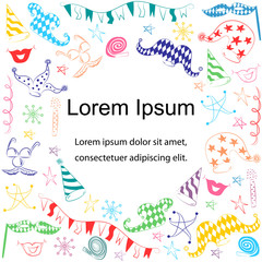 Colorful Hand Drawn Party Symbols. Template with Place for Text in Center. Children Drawings of Party Elements.  Vector Illustration.