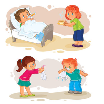 Set of clip art illustrations little boy sick and compassionate girl