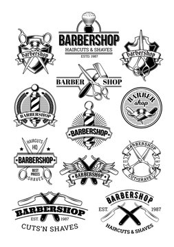 set of barbershop logos, signage, made in engraving style