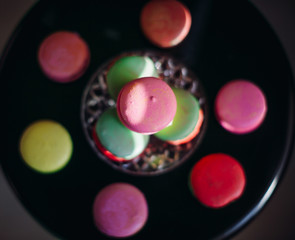 Look from above at colorful macaroons lying around crystal plate