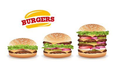 Fast Food Realistic Burger Vector. Set Hamburger Fast Food Sandwich Emblem Realistic Isolated On White Background Illustration