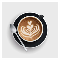 Cappuccino cup with hearts design on top. Coffee cup, vector illustration.