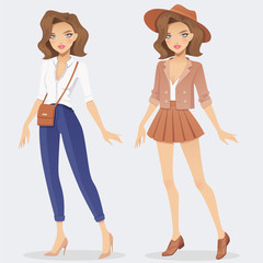 Cartoon fashion girl character wearing two casual outfits. 