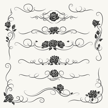 Flourish roses ornament vector illustration. Ornamental rose flowers and vines decorative ornaments for floral wedding decor isolated on white