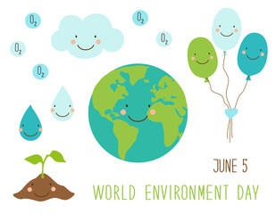 Cute hand drawn World Environment Day card with smiling character of the planet Earth