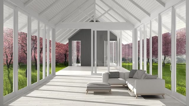 Minimalist living room with big windows, stained glass and terrace on spring garden panorama, architecture interior design