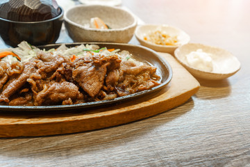 Japanese food set of sliced beef steak with fried vegetable and miso soup